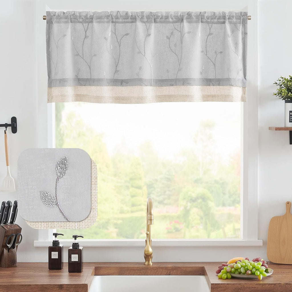 Linen Valance Sheer Double Layer Kitchen Window Curtain Leaf Embroidered Valance for Living Room Cafe Farmhouse Light
