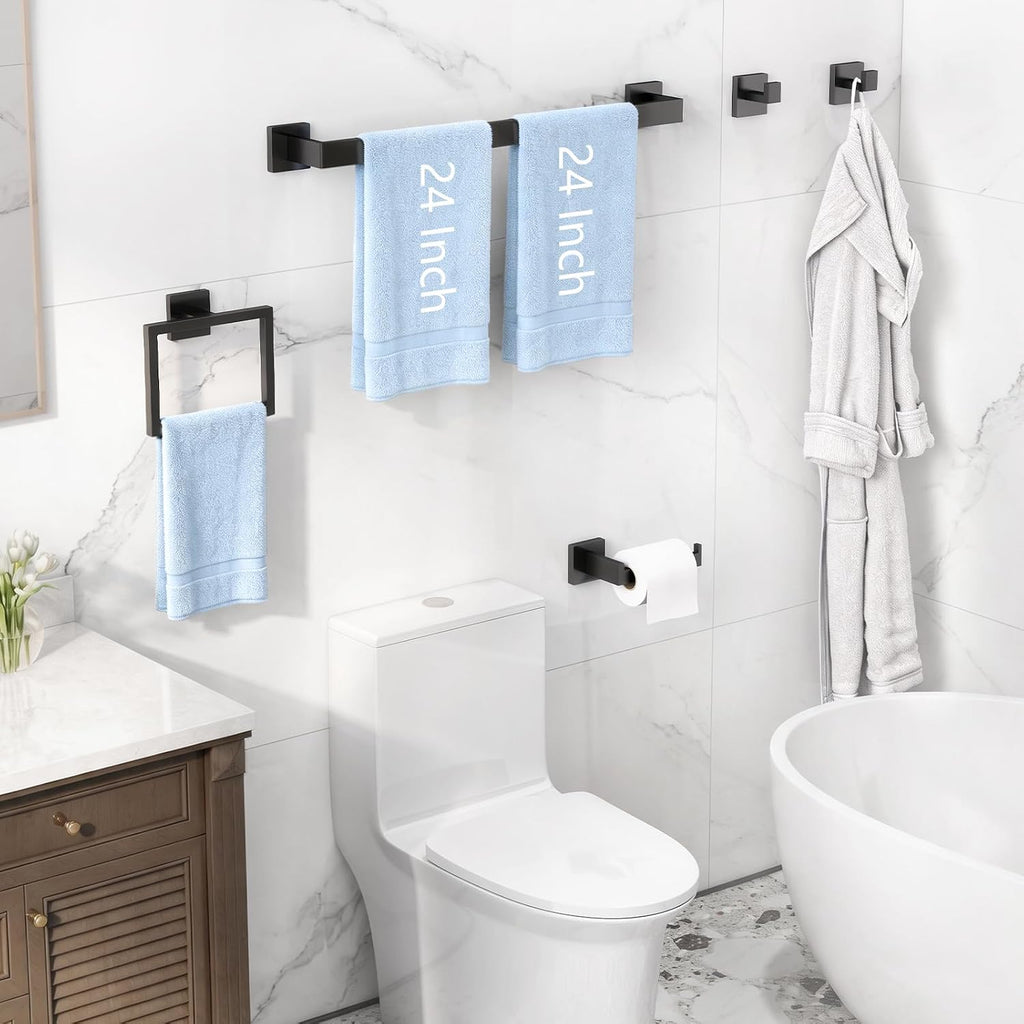 5-Piece Bathroom Accessories Set, 24-in Towel Racks Wall Mounted Stainless Steel, Towel Hardware Set Matte Black