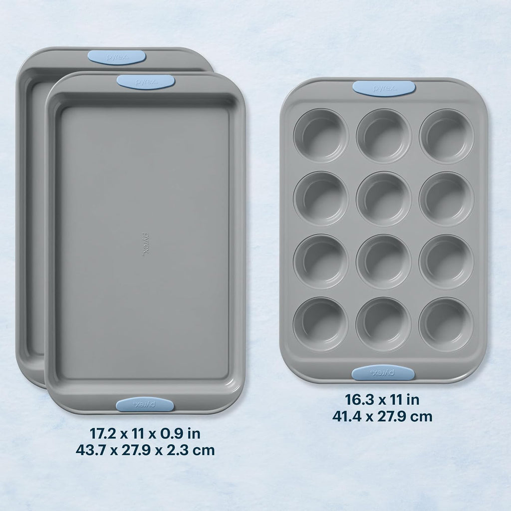 3-Piece Metal Cookie & Muffin Sheet Bakeware Set, Cerulean | Lightweight stainless steel trays with heatsafe silicone