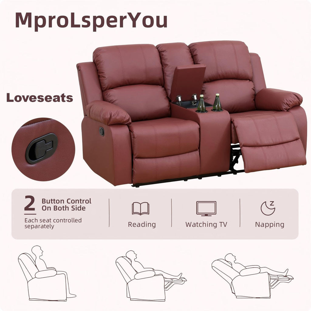 Manual Reclining Couch Sofa Set with Drop-Down Table, 3 Pieces Brown Leather Recliner Couch Sets, Living Room