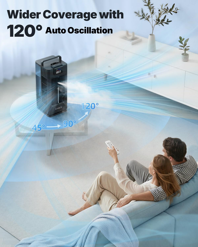 Mini Portable Air Conditioner Cooler: 2000ml Air Cooling Fan with 120°Oscillating - 3 Mist Modes & 4 Speeds