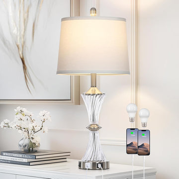 Crystal Glass Table Lamp with USB C+A Ports & AC Outlet,White Clear Modern Bedroom Lamp