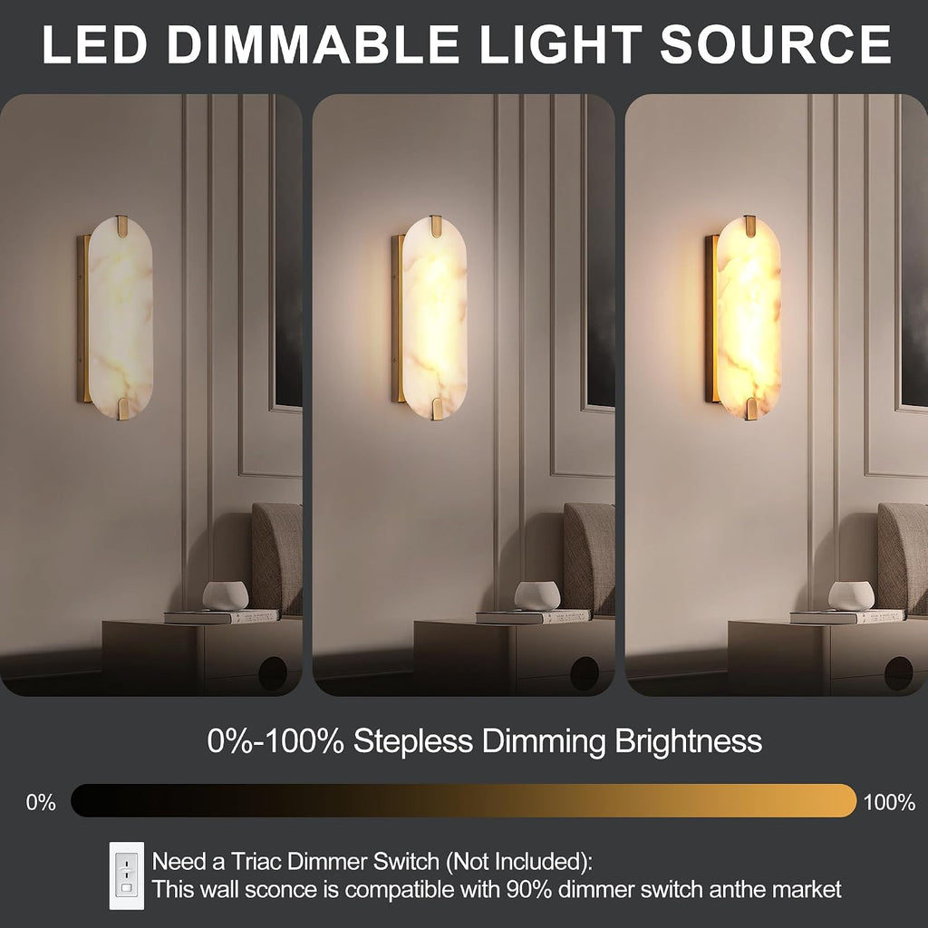 14.17in Alabaster Wall Sconces, Natural Marble Wall Light Set of Two, Modern LED Alabaster Sconces for Living Room