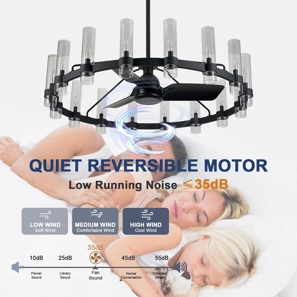 Inspired Ravelle Style Black Ceiling Fans with 16 Lights Wagon Wheel Chandelier, 48 Inch Modern Farmhouse Fandelier, Quiet 6-Speed Reversible DC Motor, 1/2/4H Remote Timing for Living Room/Bedroom/Kitchen