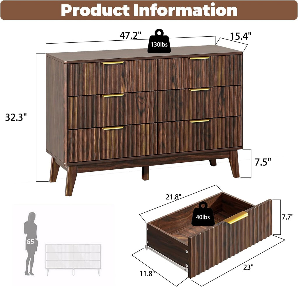 6-Drawer Dresser Fluted Drawers, Mid-Century, Walnut | 47.2"W x 15.4"D x 32.3"H, 130 lbs top / 40 lbs per drawer