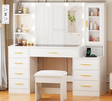 49.2" Large Vanity Desk with Mirror and Lights, Glass Top Vanity | White Makeup Vanity Desk with 8 Drawers, Power