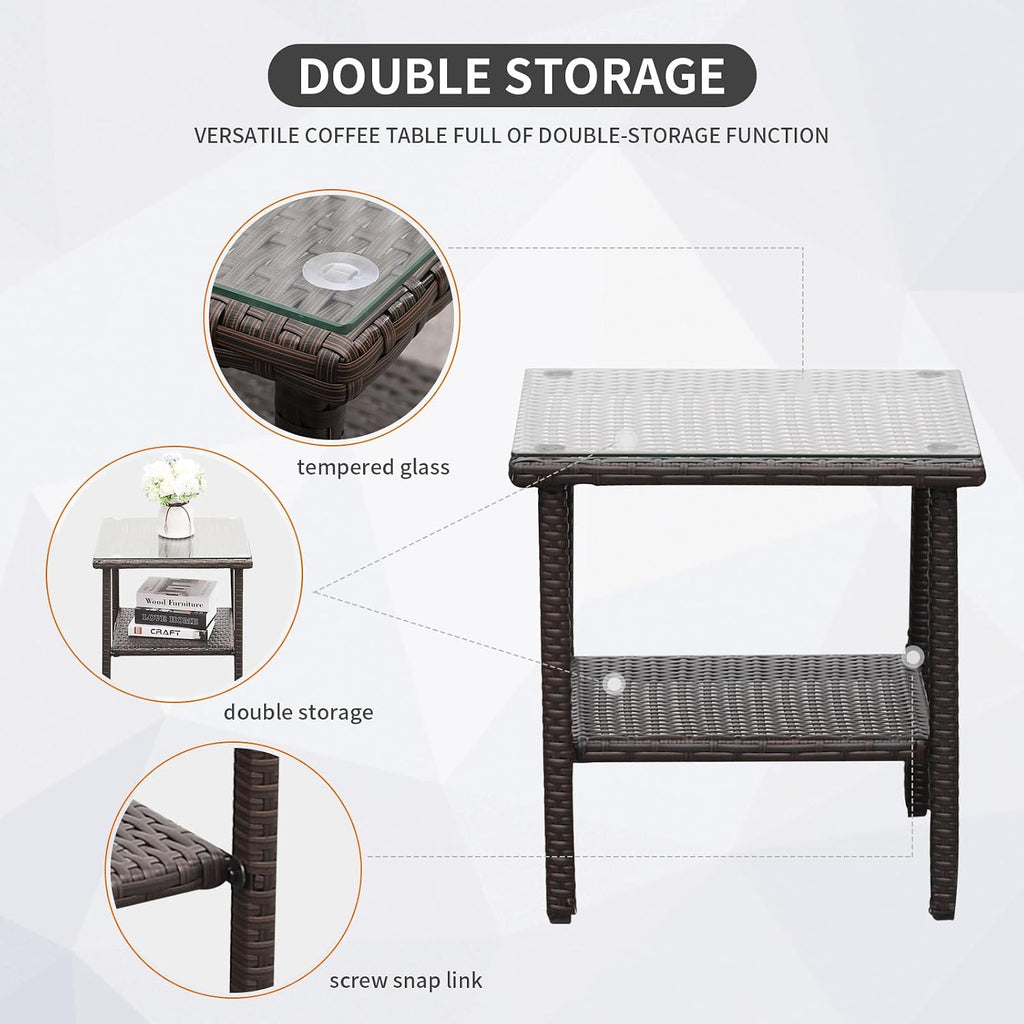 Outdoor HDPE Wicker Rocking Chair 3-Piece Patio Rattan Bistro Set 2 Rocker Armchair and Glass Coffee Side Table