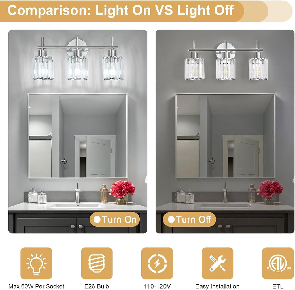 Brushed Nickel 3-Light Crystal Bathroom Vanity Light Fixtures, Round | Vanity Lights , Modern Bathroom Lighting