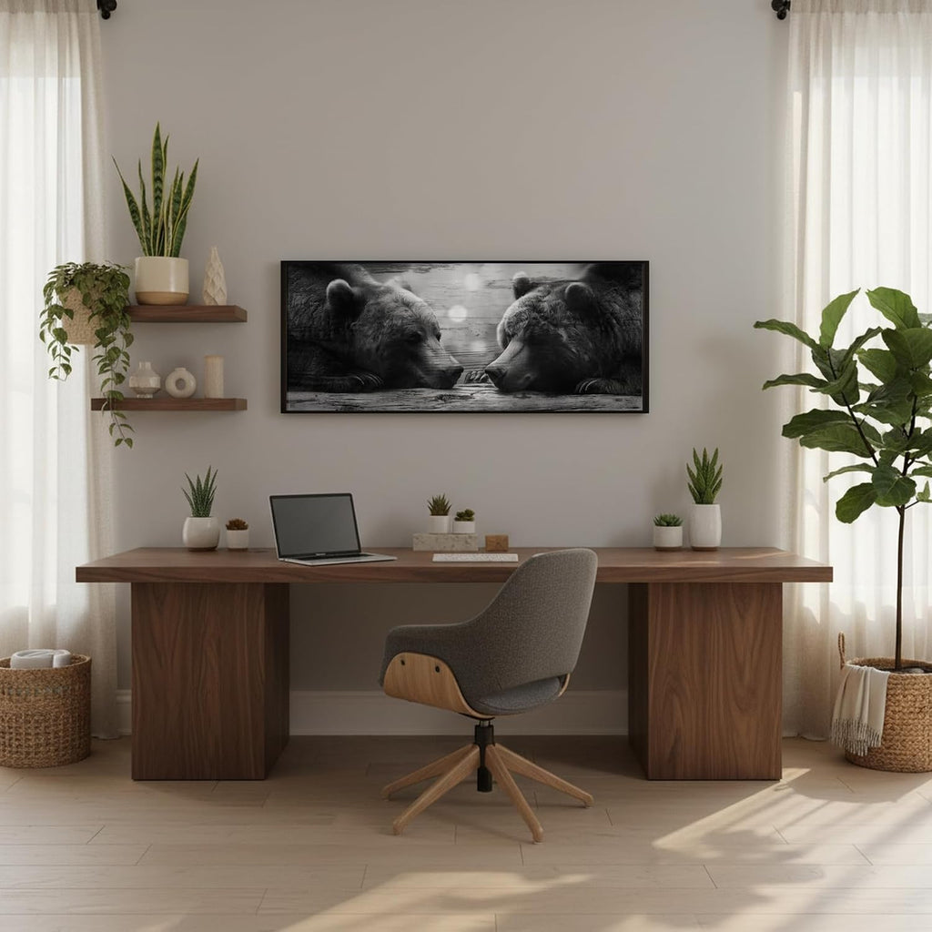 Black and White Grizzly Bears Canvas Wall Art 20x48'' Black Floater Frame Wildlife Prints Stretched Canvas Ready to