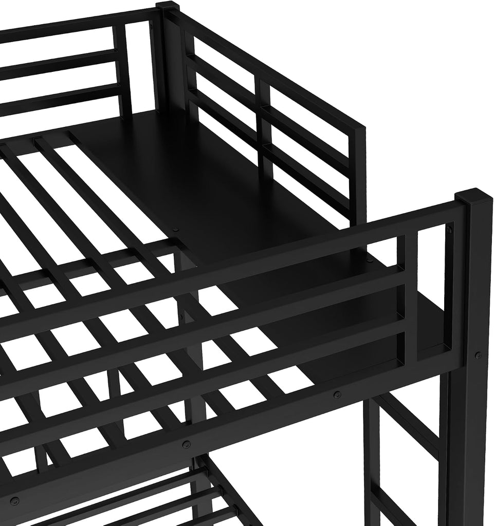 Triple Bunk Bed for Kids, Detachable Queen Over Twin & Twin Metal Bunk Bed with Guardrails, Ladder & Storage