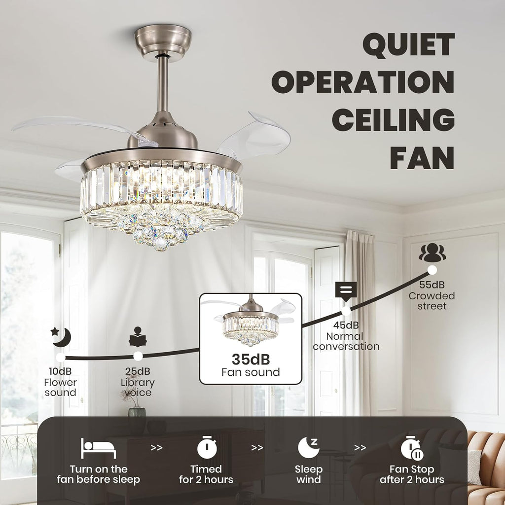 36 Inch Crystal Chandelier Fan, Ceiling Fan with Light and Remote Control, Invisible Retractable Fandelier, Dimmable