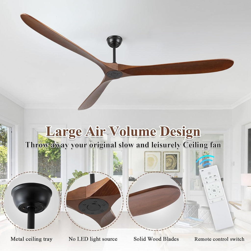 Inspired Maverick Style 88" Ceiling Fan, Extra Large No Lights, 3 Wood Walnut Blades, DC Motor, Reversible Propeller Outdoor Ceiling Fan for Patios, Exterior House Porch, Farmhouse Gazebo with Remote Control