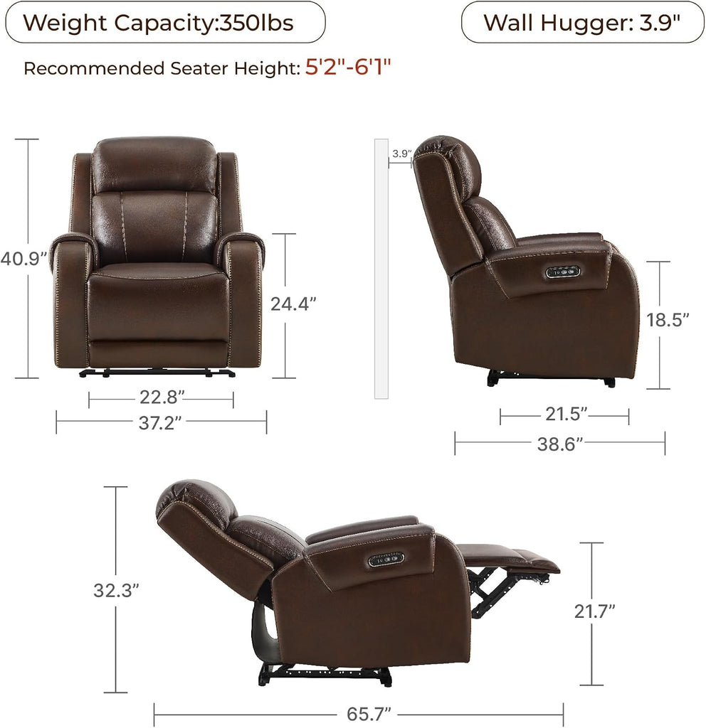 Genuine Leather Power Recliner Chair for Adults, Electric Wall Hugger Recliner with Adjustable Power Headrest &