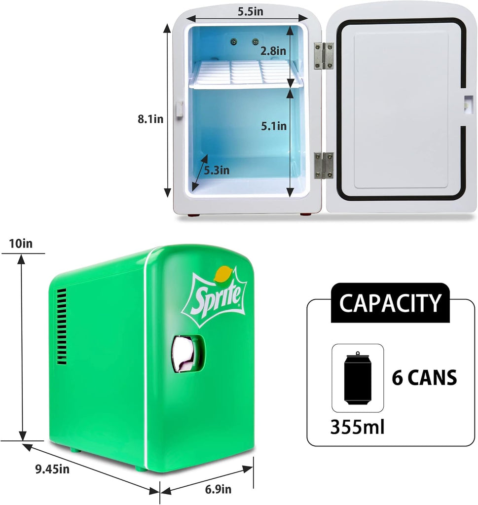 Sprite Mini Fridge 4L Portable Thermoelectric Cooler with Iconic Sprite Logo Dual Power 110V AC/12V DC for Home Office
