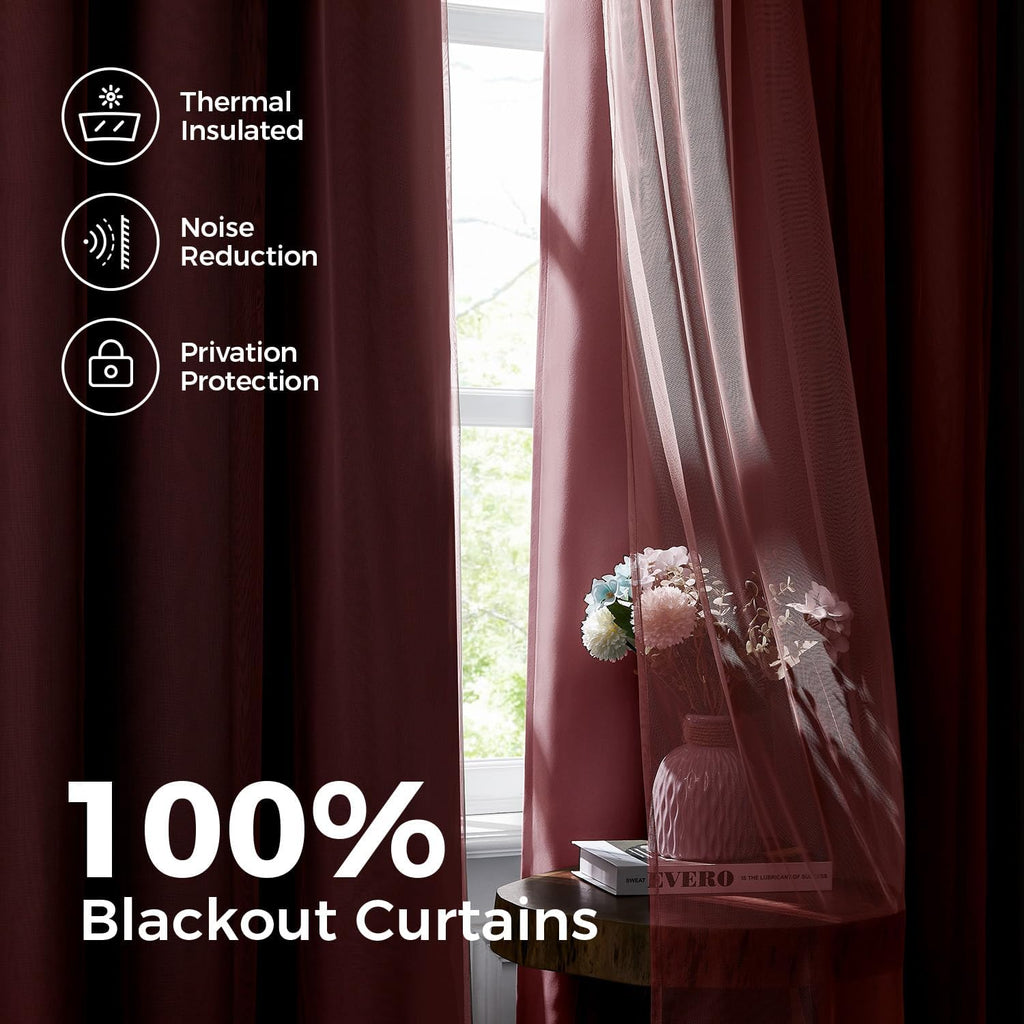 100% Blackout Curtains, Double Layer Pink Curtains, Black Out Curtain 84 inch Long with Sheer Overlay, Room Darkening