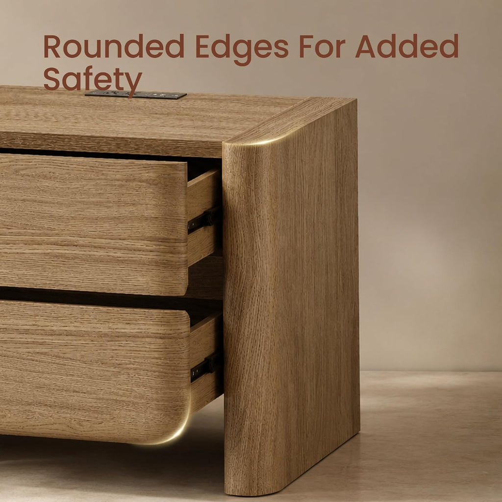 26" Nightstand with Charging Station, Large Bedside Table with 2 Handleless Storage Drawers,2.4" Thick Panel Legs &
