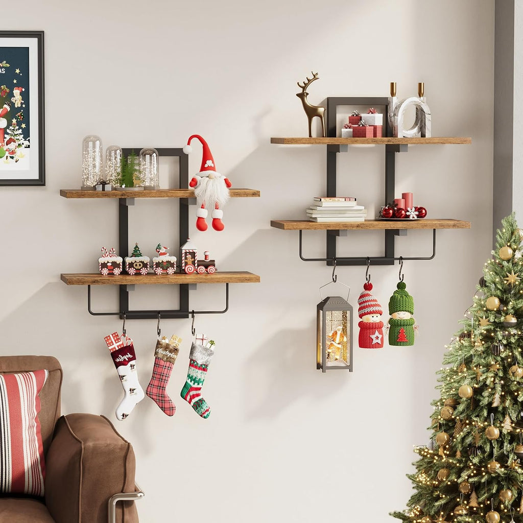 Floating Shelves for Wall Set of 2, Wood Wall Shelf with 6 Hooks, 2 Tier Hanging Decorative Storage Shelves Bedroom