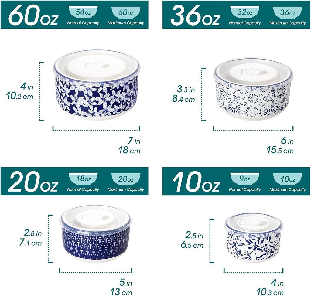 Ceramic Nesting Bowls with Lids Set of 4, Serving Bowls for Food Storage, Prep Bowl, Ceramic Bowl , Microwave &