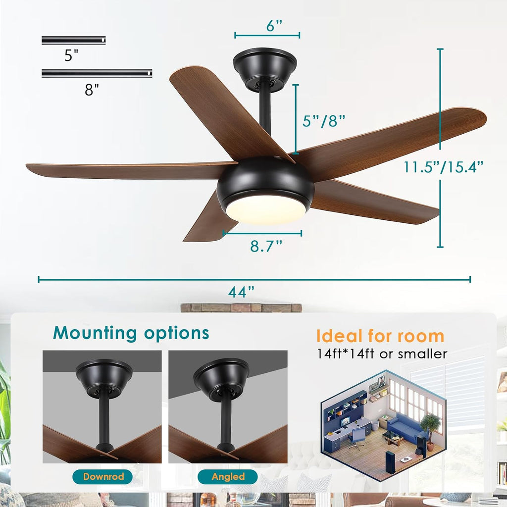 Low Profile Flush Mount Ceiling Fan with Lights - 44IN Modern Indoor/Outdoor Ceiling Fan Light with Remote/APP, Reversible DC Motor with 6 Speeds, Dimming, Brown