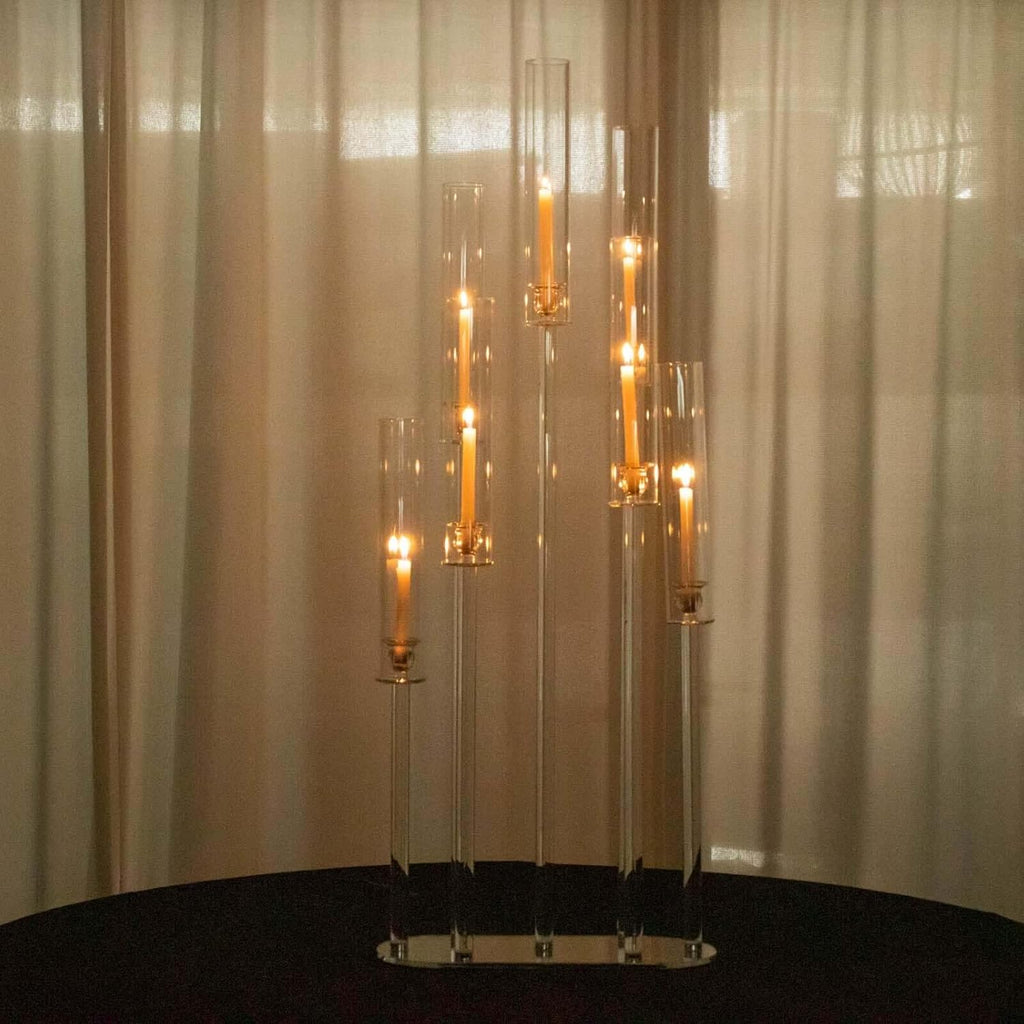 47" Clear Crystal 7-Arm Cluster Wedding Aisle Candlestick Stand with Hurricane Shades, Taper Candle Candelabra Table