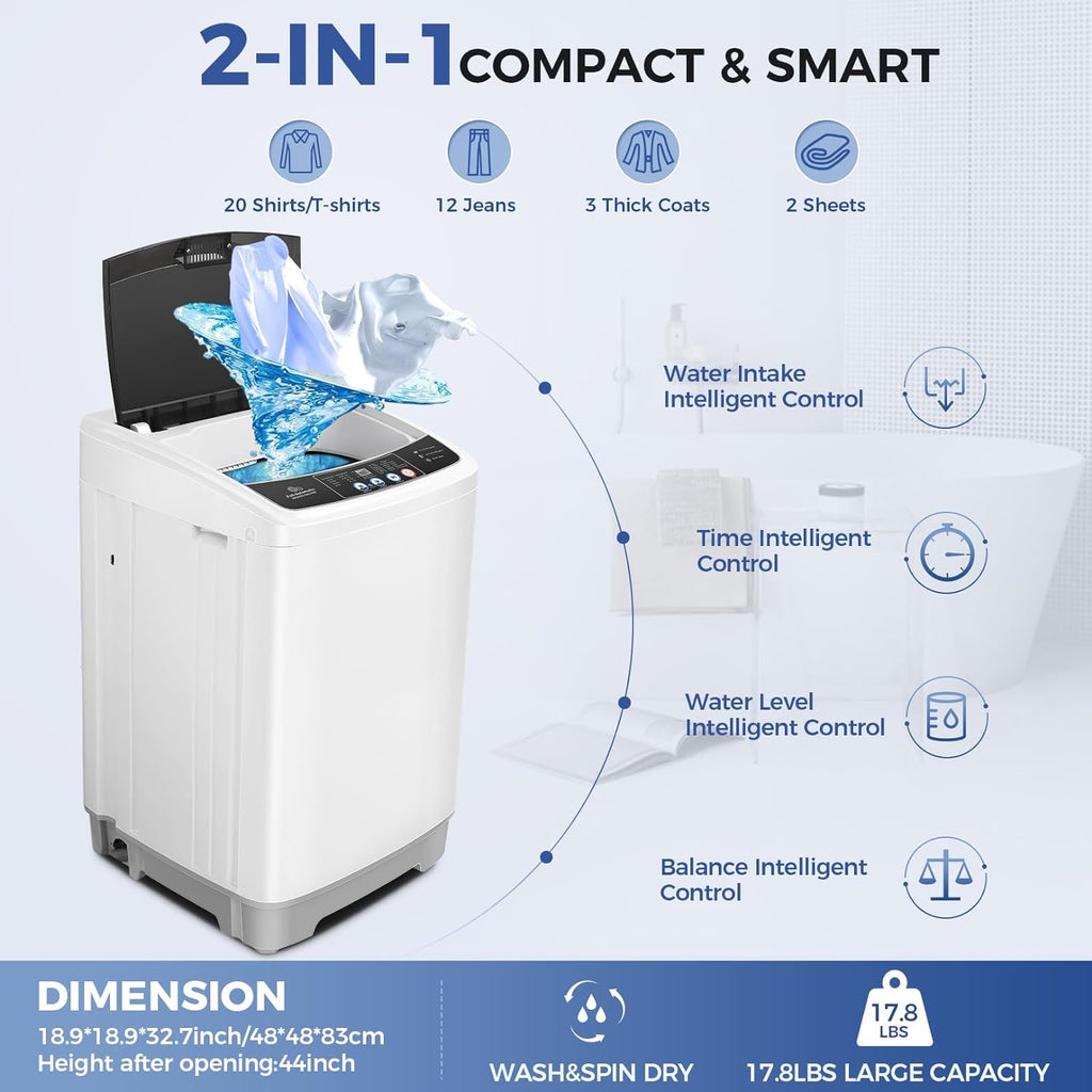 Portable Washing Machine 17.8Lbs Capacity Portable Washer with Drain Pump 2.4Cu.ft Full-Automatic Compact Washer with 10 Programs 8 Water Level for Home, Apartment, RV, Dorms