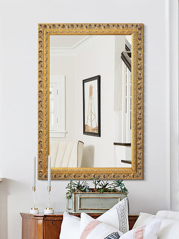 25"x37" Solid Wood Gold Leaf Wall Mirror, Ornate Decor Mirror, Cut-out Carvings Solid Wood Frame