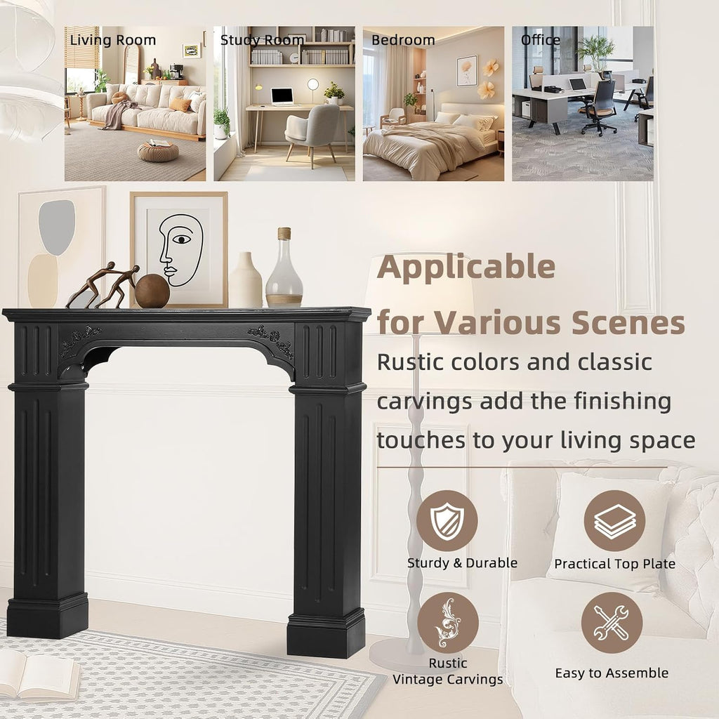 Modern Black Freestanding Surround - Waterproof, Anti-Tipping Premium MDF Mantel with Leg for Living Room Decor