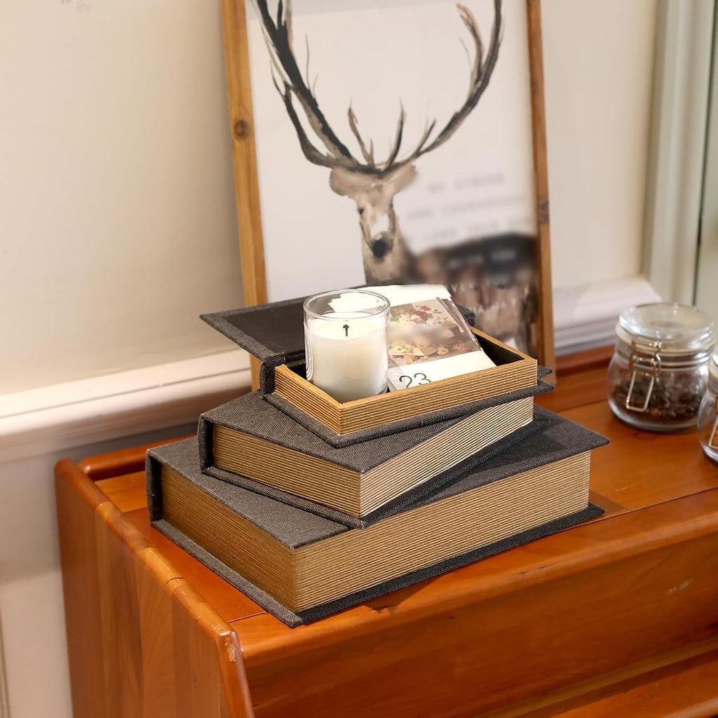 Decorative Book Boxes Set of 3 - Modern Faux Linen & Wood Hidden Storage for Coffee Table - Stackable Fake Books for