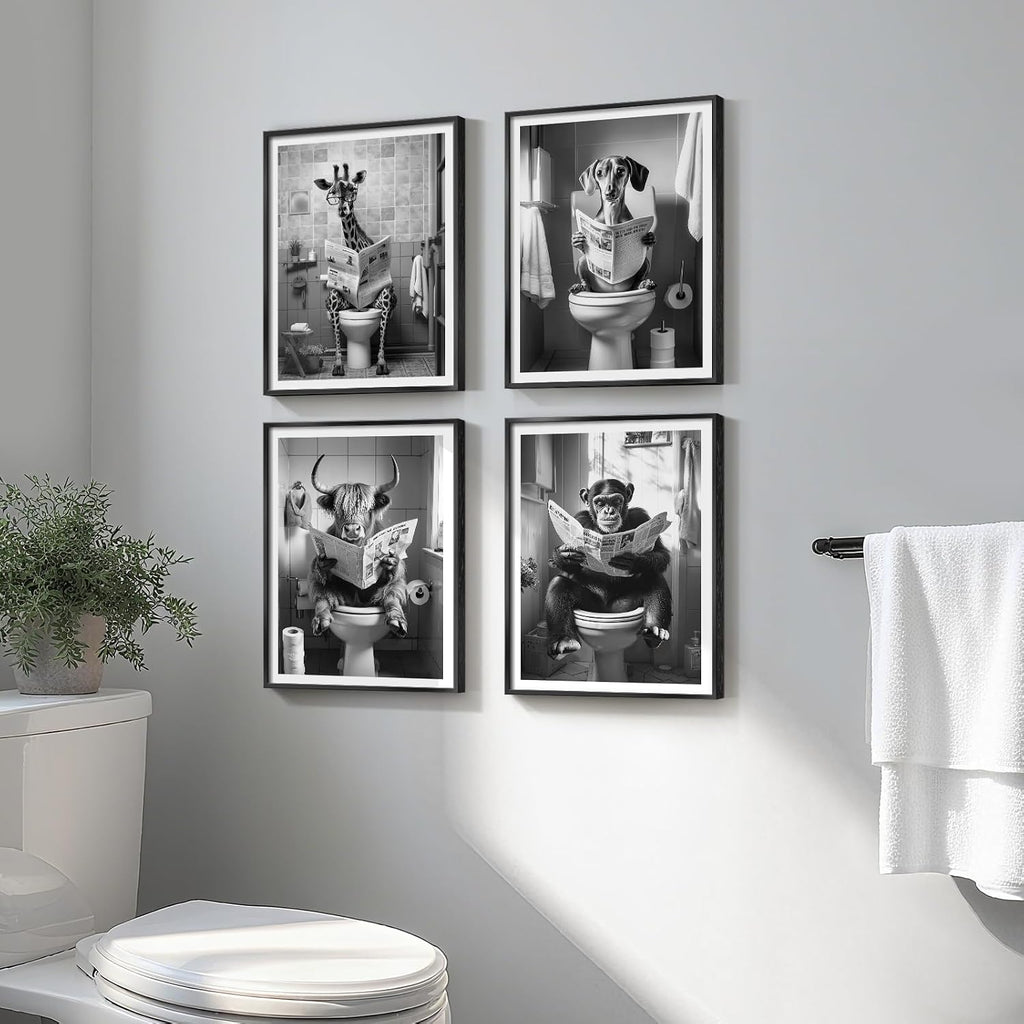 Framed Black and White Bathroom Wall Art Decor, 4 Piece Modern Animal Canvas Prints Painting Artwork, Dog Highland