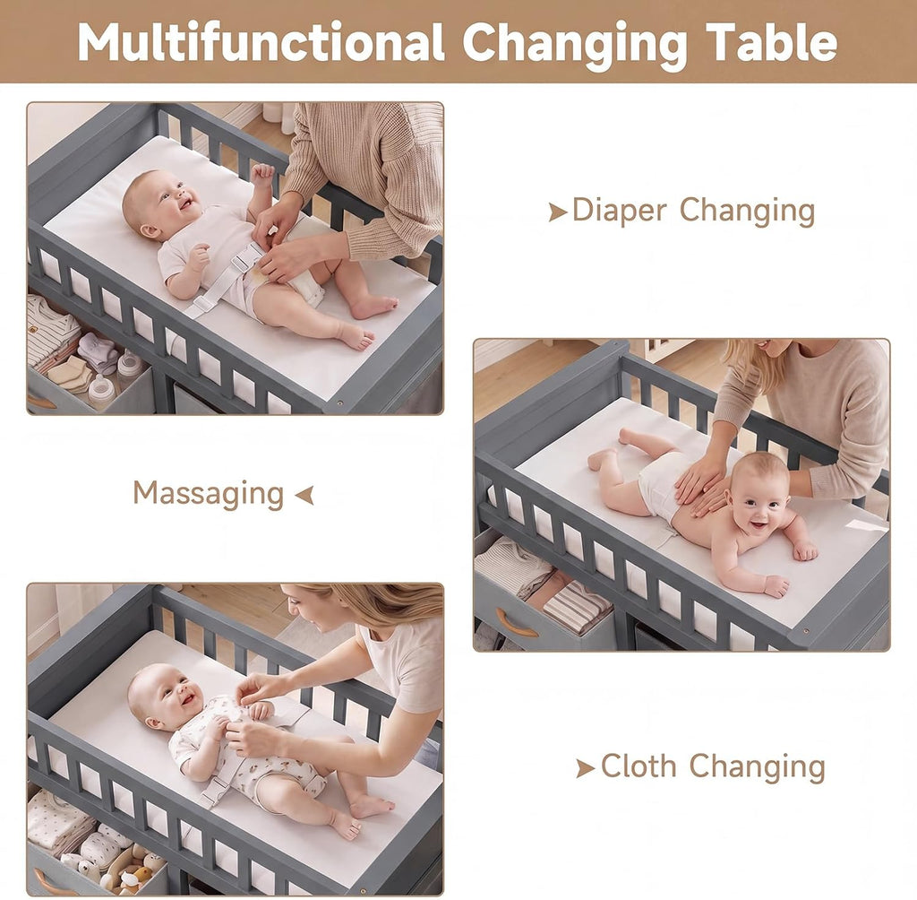 Wooden Baby Changing Table with Comfy Changing Pad, 3 Fabric Drawers, Laundry Hamper, Safety Belt, Diaper Station