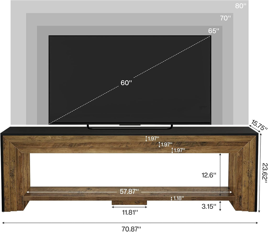 70" Long TV Stand for 75-Inch TV, Farmhouse Entertainment Center | Low Media Console Wooden Television Stand for Living Room, Bedroom Open Storage Shelves, Two-Tone Design Rustic Brown & Black
