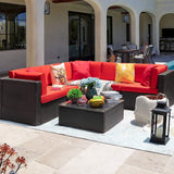 6 Pieces Patio Furniture Sets Outdoor Sectional Sofa All Weather PE Rattan Patio Conversation Set Manual Wicker Couch with Cushions and Glass Table (Red) A106-B08HKRVKL9