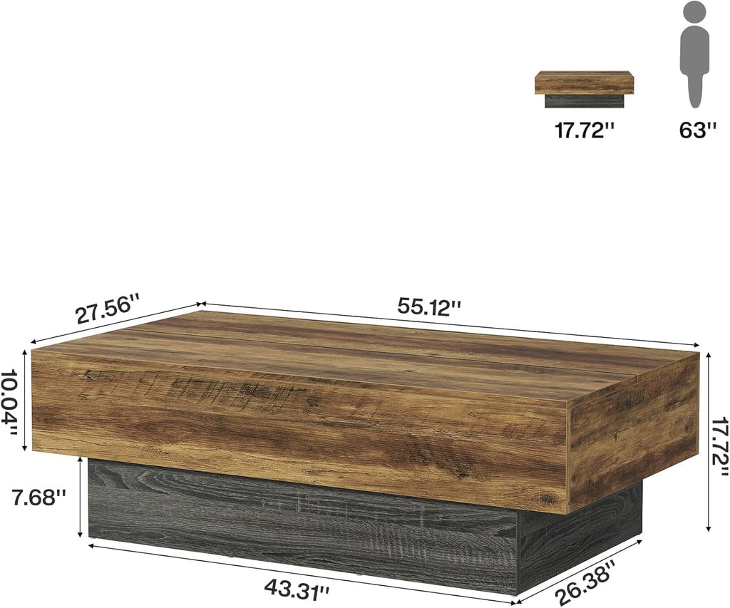 55-Inch Farmhouse Wood Coffee Table, Rustic Large Rectangle Tea Table, Vintage Center Table Reception