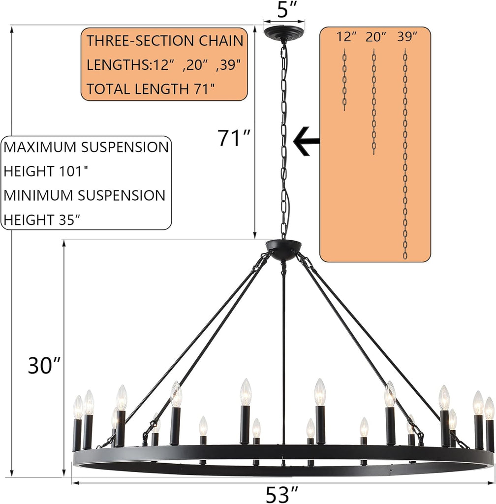 53 Inch Black Extra Large Wagon Wheel Chandelier