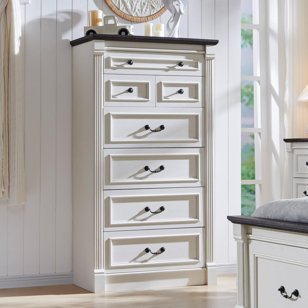 Farmhouse 7 Drawers Dresser , 57" Tall Dressers & Chests of Drawers w/Roman Column, Large Storage Dressers Organizer