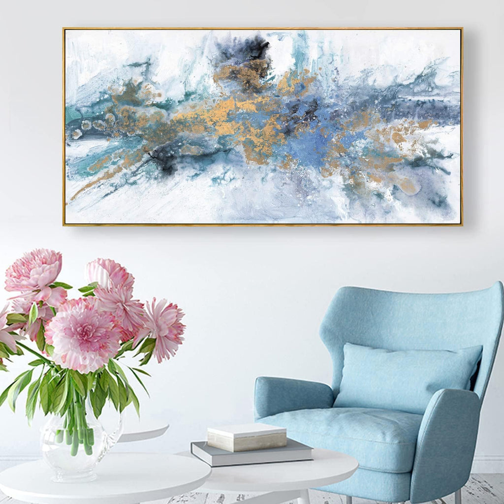 Abstract Navy Blue Canvas Wall Art - Framed Artwork Bedroom - Modern Colorful Fantasy Painting Ready to Hang