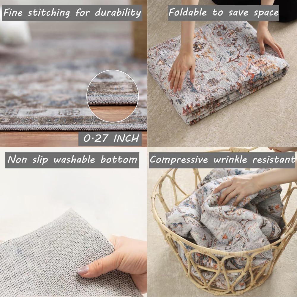 Area Rug 4x6 Washable Rug Gray Vintage Traditional Floor Cover Foldable Thin Retro Accent Indoor Distressed Non Slip
