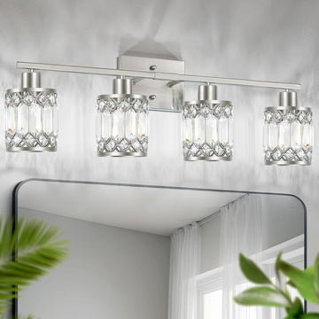 Crystal Modern Bathroom Light Fixtures, 4-Light Brushed Nickel Bathroom Vanity Wall Light, Vanity Lights for Mirror