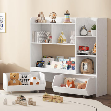 Kids Bookshelf and Toy Storage Organizer with 2 Rolling Bins, 5-Tier Open Wooden Bookcase for Children's Bedroom