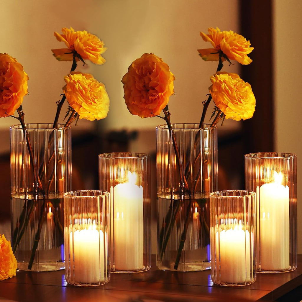 6 Pcs Glass Hurricane Candle Holder Ribbed Glass Candle Holder - Elegant & Easy to Use, Perfect for Wedding, Holiday
