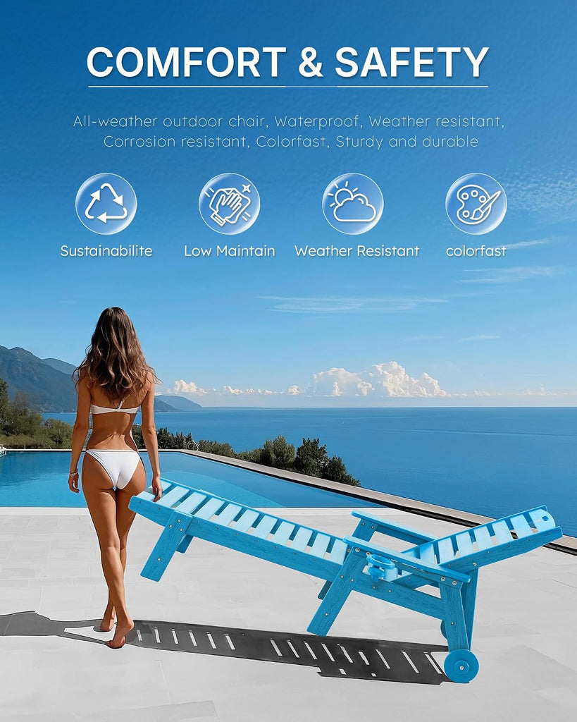 Patio Chaise Lounge Chair Outdoor with Wheels, Oversize Patio Lounge Chairs with Wood Texture, HDPE 6-Position