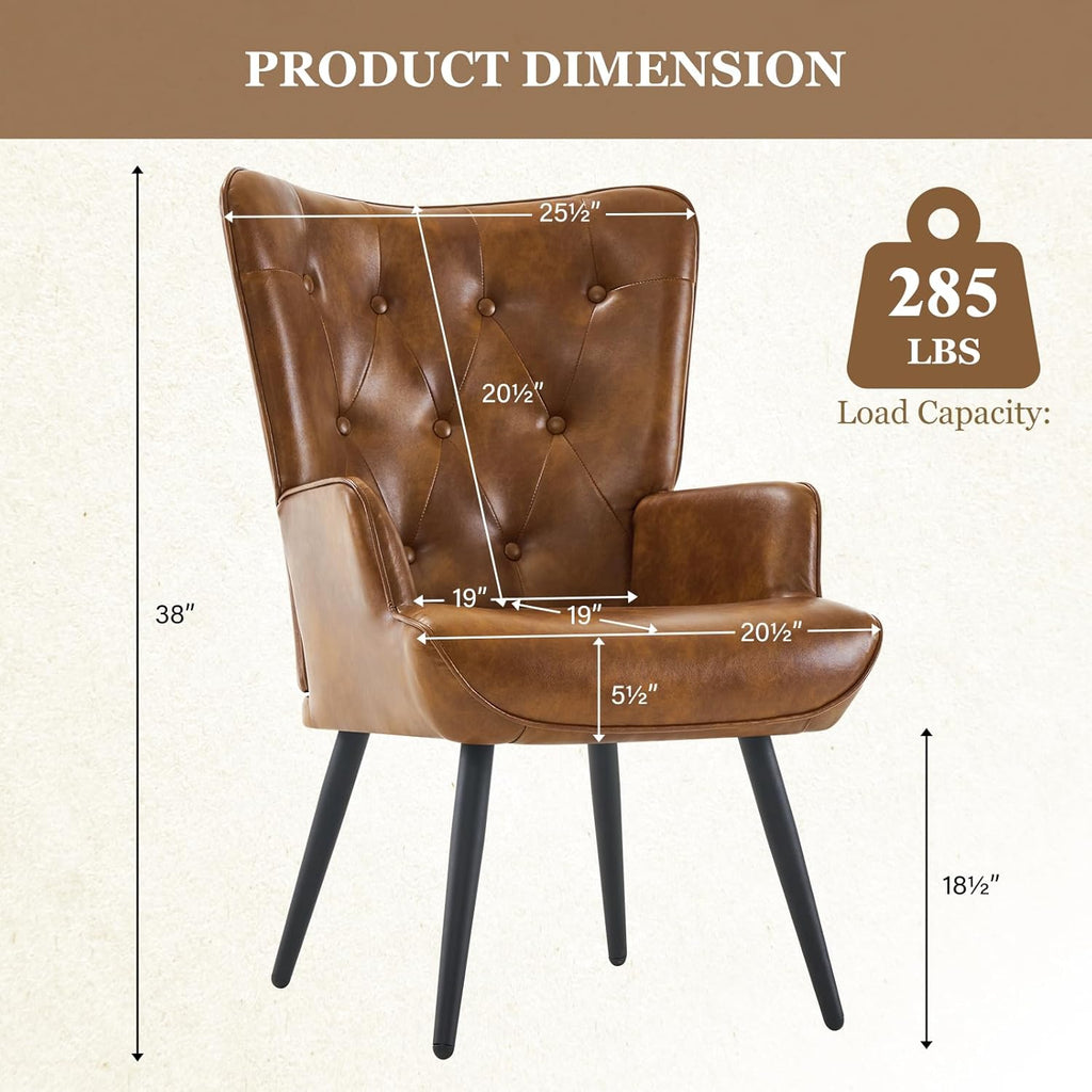 Accent Chairs Set of 2, Brown PU Leather Reading Armchair with High Backrest, Wingback Corner Chair Mid Century