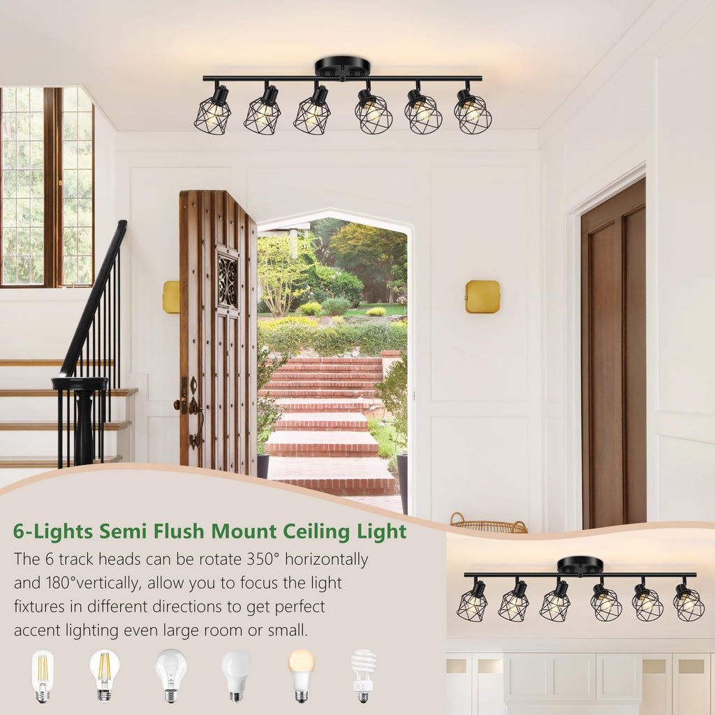 Black Semi Flush Mount Ceiling Light, Multi-Directional Ceiling Light Fixtures, Rotatable Kitchen Track