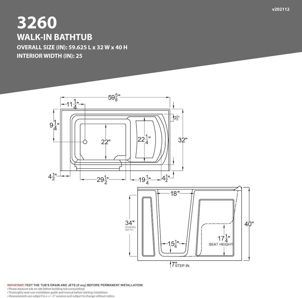 Tubs Series Wide Opening Door Right Drain Quick Fill Walk-In Soaking Tub in White Finish 32 in. x 60 in. | AMZ3260RWS