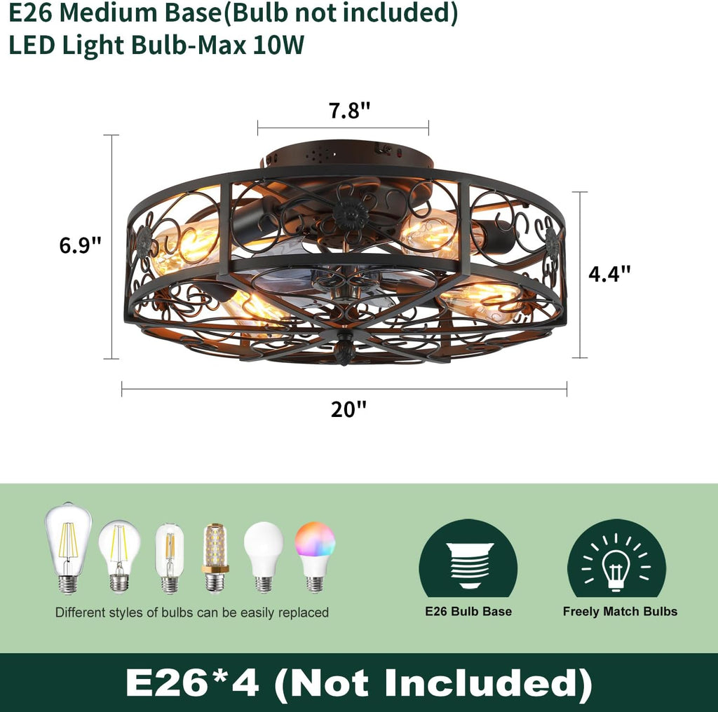 20'' Caged Ceiling Fan with Lights and Remote Control,Small Farmhouse Bladeless Low Profile Ceiling Fans Lights