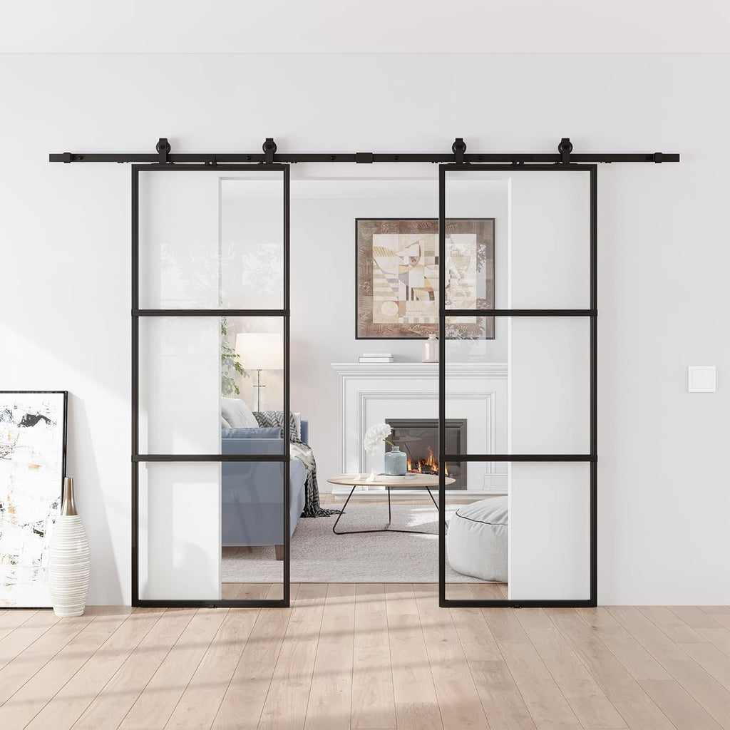 76 x 84 in Metal and Glass Sliding Double Barn Door with Installation Hardware Kit (Soft-Close Inclu