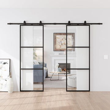 76 x 84 in Metal and Glass Sliding Double Barn Door with Installation Hardware Kit (Soft-Close Inclu