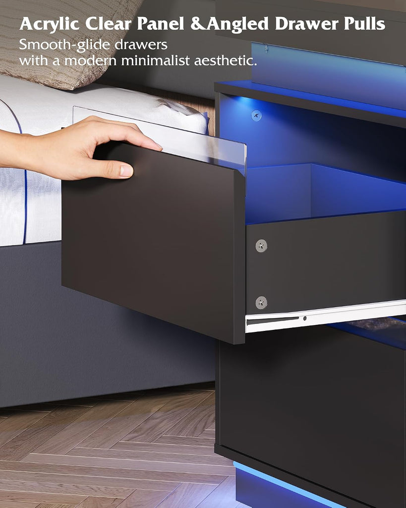 Black LED Nightstand with Charging Station, 26 Inches Night Stand with Sliding Top, 2 Drawers, 29 Colors and