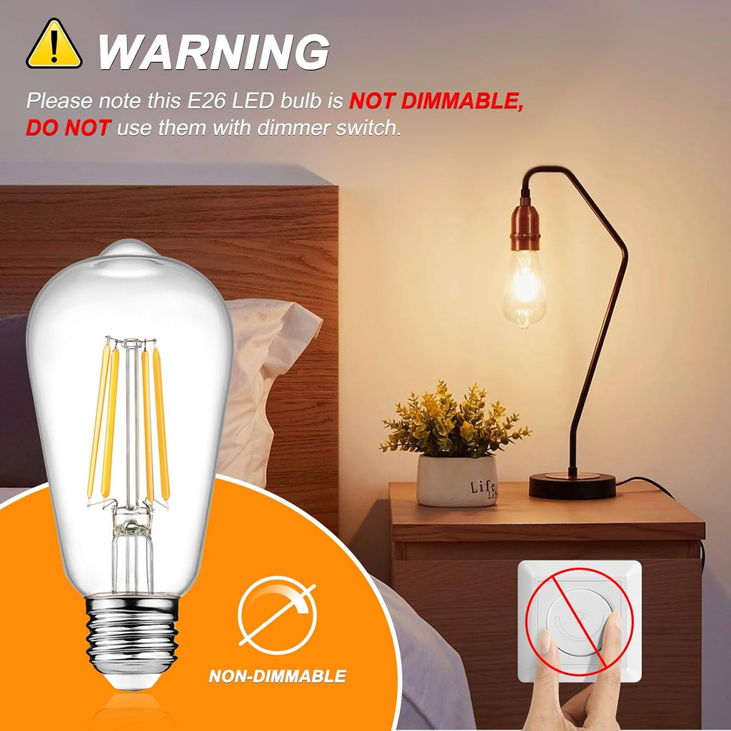 Vintage LED Edison Bulbs 6W, Equivalent 60W Incandescent, Non-Dimmable, Warm White 2700K, ST58 Antique LED Filament