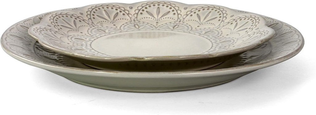 White Lace 16 Piece Round Scallop Stoneware Dinnerware Set in White